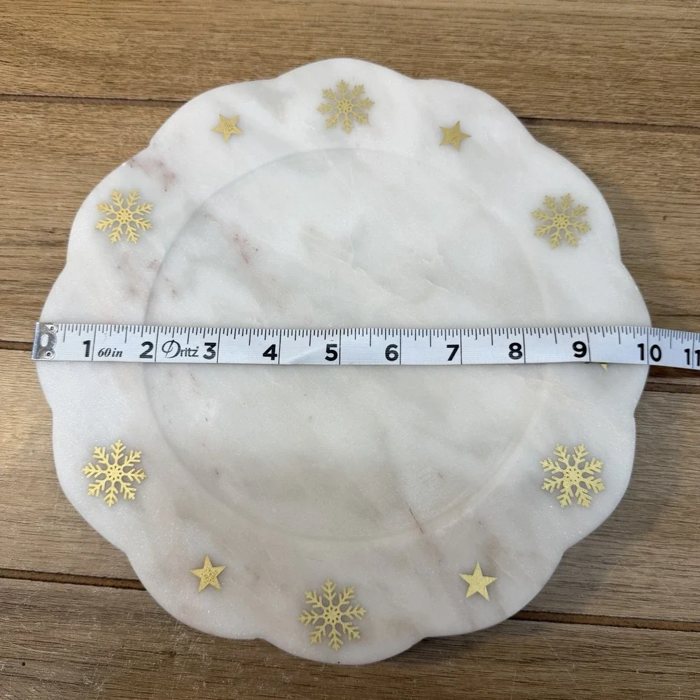 Genuine White Marble Serving Platter Scalloped Round Tray Gold Snowflake Star